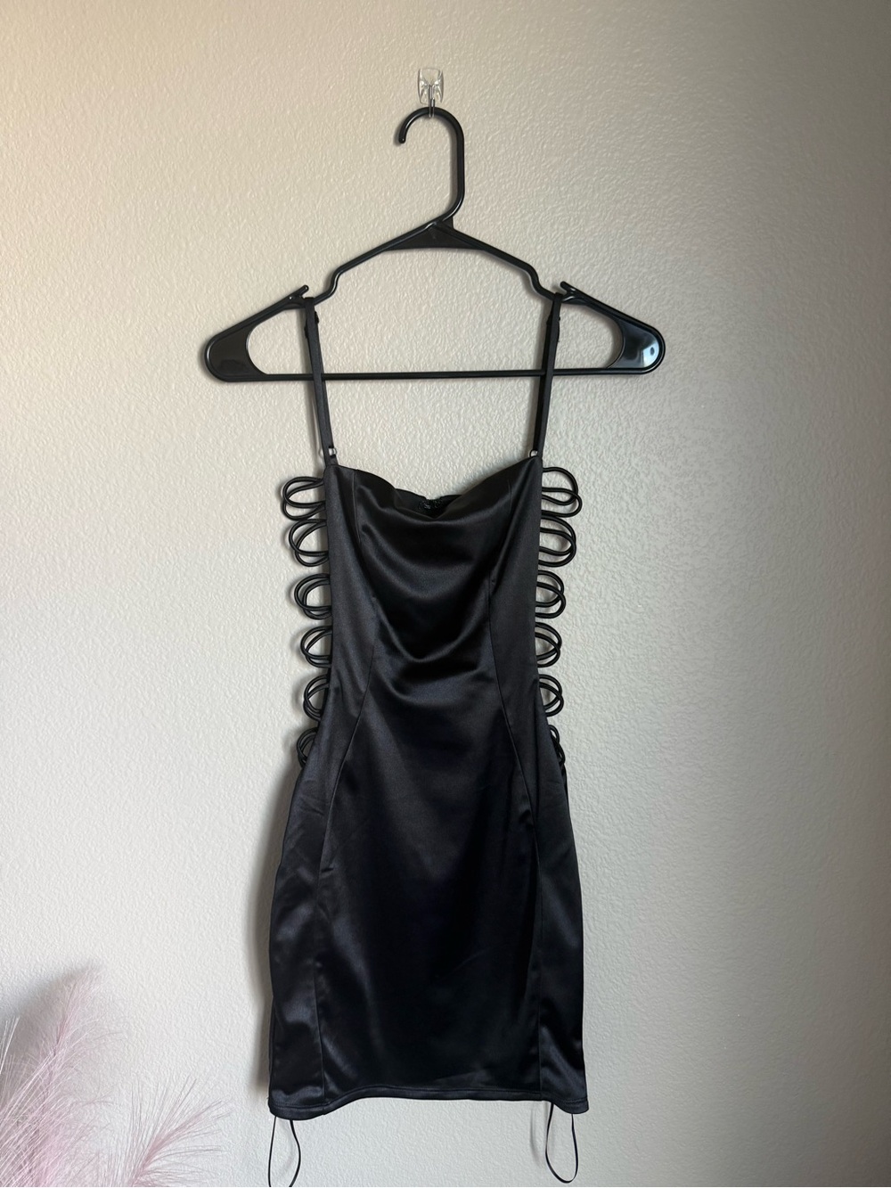 Windsor Black Satin Cowl Mini Dress with Side Loop Detail